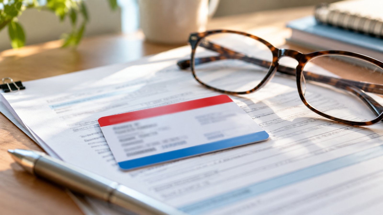 A generic red, white and blue paper-style insurance card with blurred unreadable print, resting on paperwork on a desk with reading glasses - Medicare Basics: Parts A, B, C and D Explained in Plain English