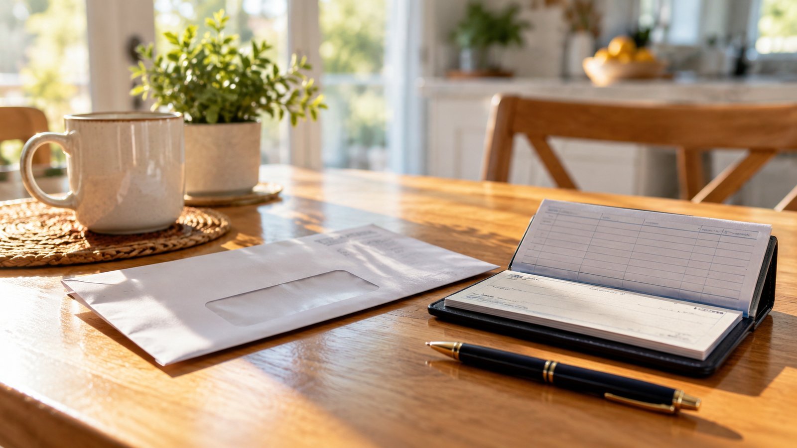 A monthly bill envelope, checkbook and pen on a sunny kitchen table - Start With the Premium, Because It Is Not the Same Thing