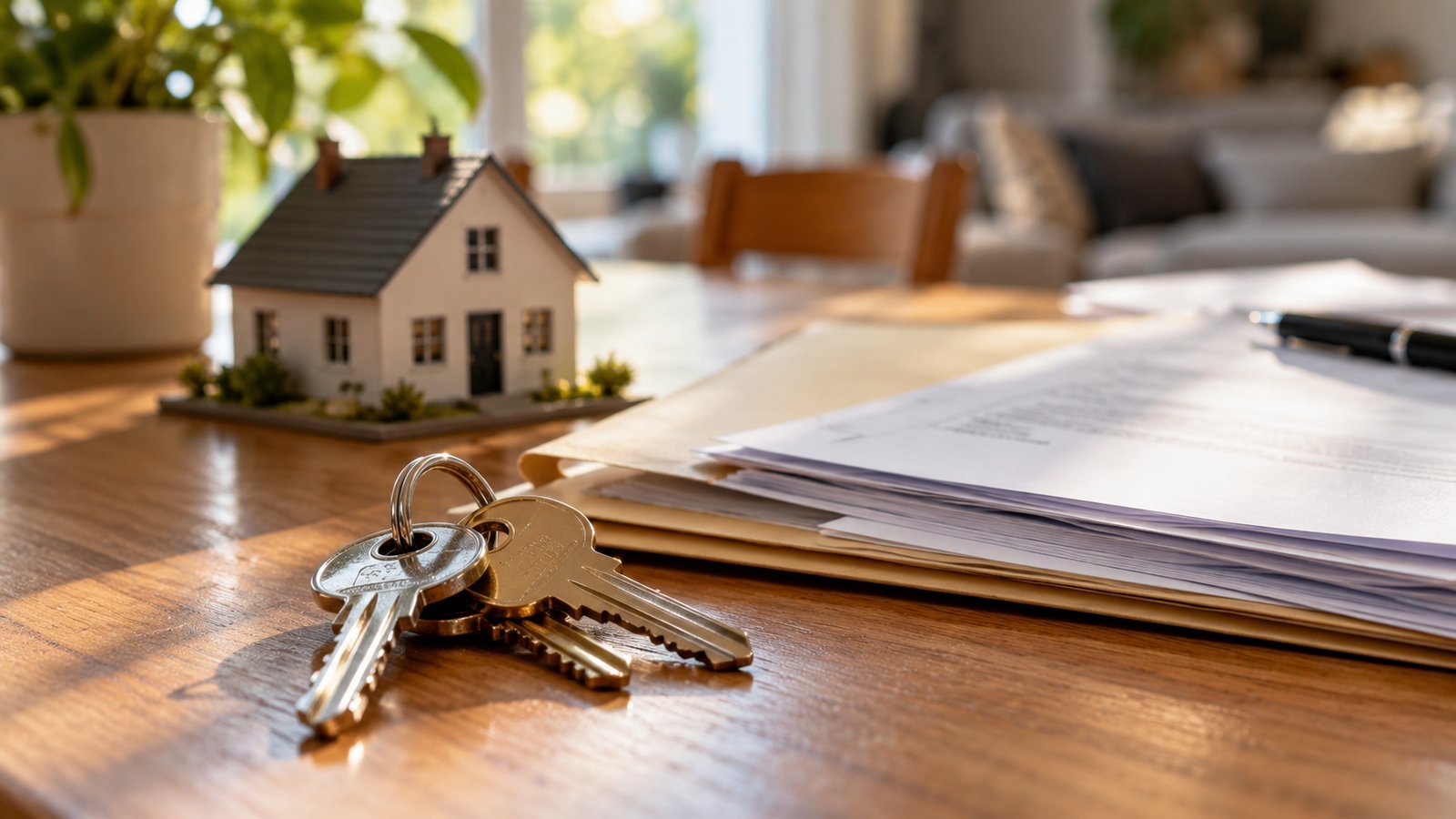 House keys and a folder of papers on a table with a small model house - Mortgages, Escrow and Proof of Coverage