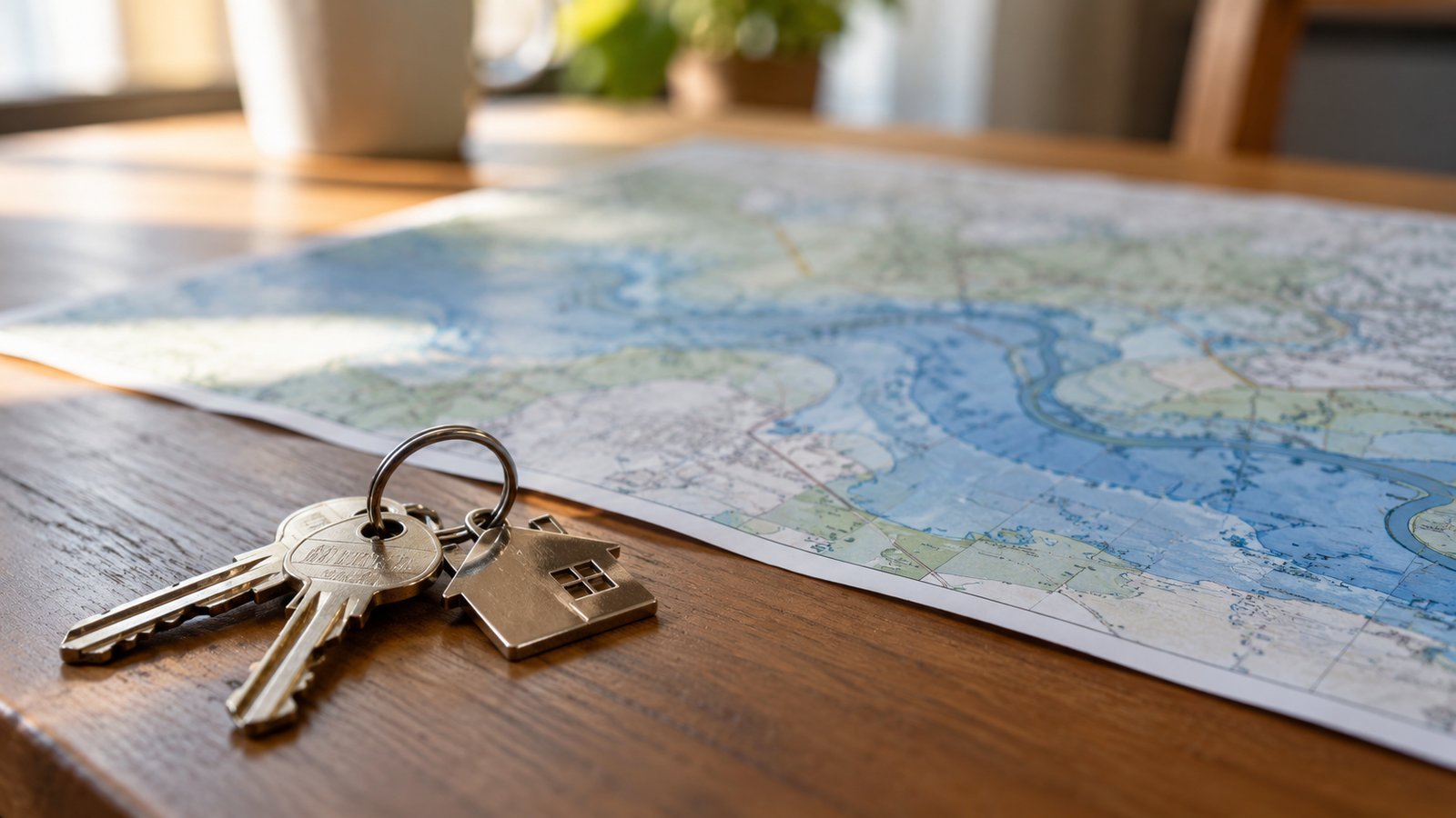 House keys and a blurred floodplain-style map on a table - When a Lender Requires Flood Insurance