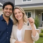 Couple holding keys in front of their new home while weighing mortgage protection versus term life