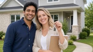 Couple holding keys in front of their new home while weighing mortgage protection versus term life