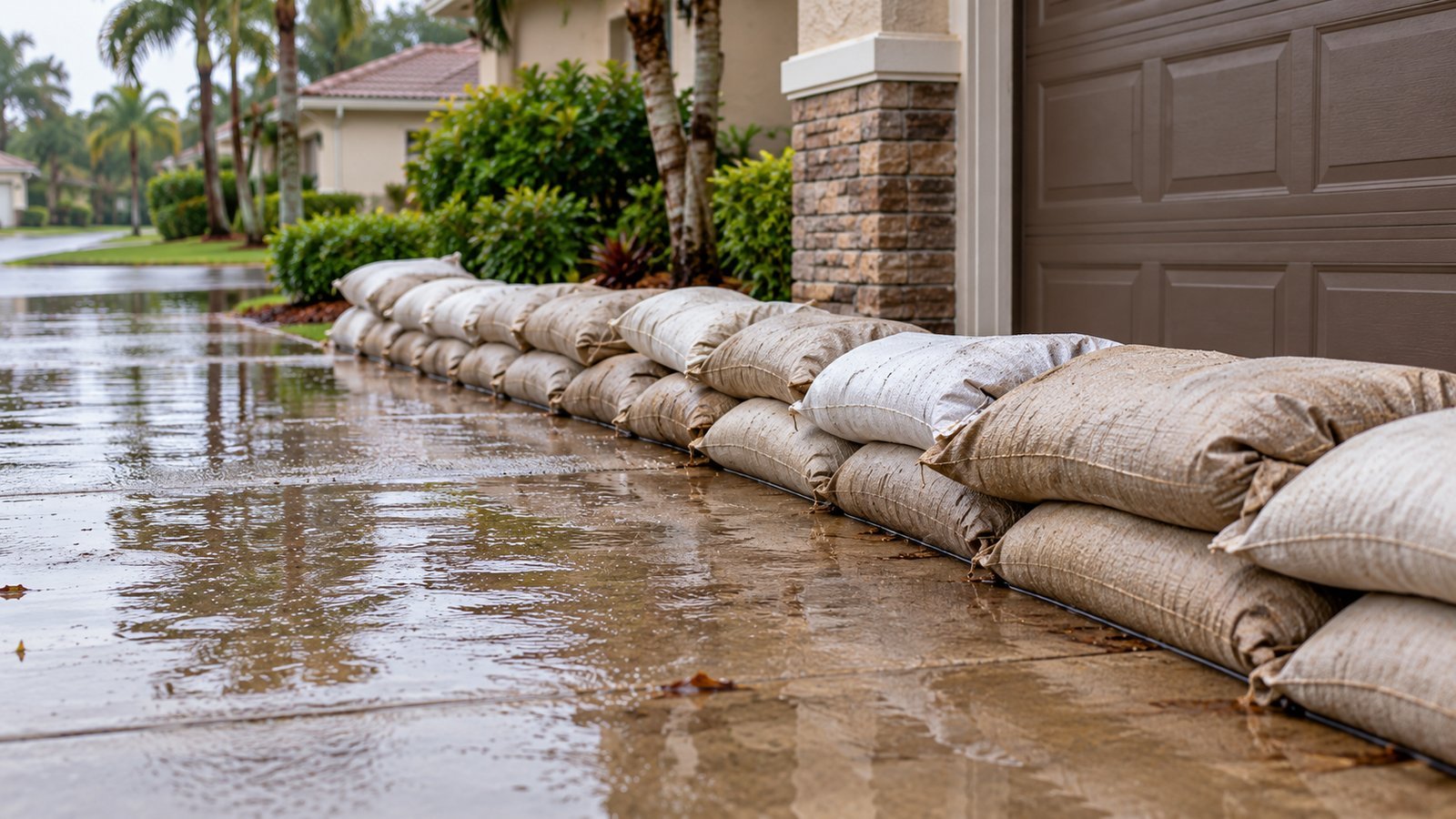 Sandbags stacked along a driveway in front of a home - How the National Flood Insurance Program Works