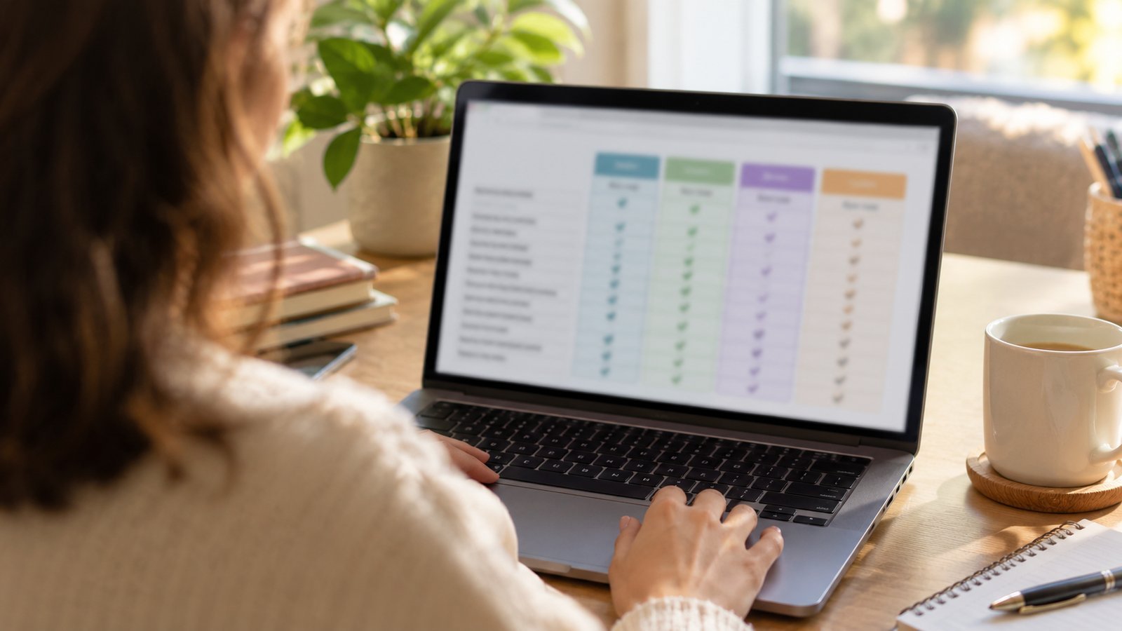 Over-the-shoulder view of a laptop showing blurred comparison tables at a home desk, no readable text - The Open Enrollment Period in Plain Terms