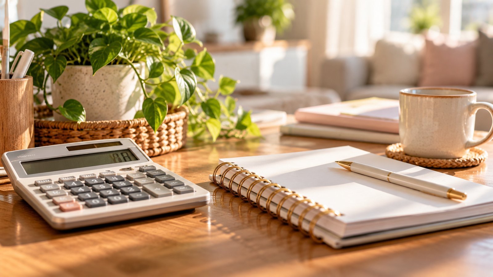A calculator, budget notebook and small plant on a table, calm budgeting scene - Where Premium Help Fits In