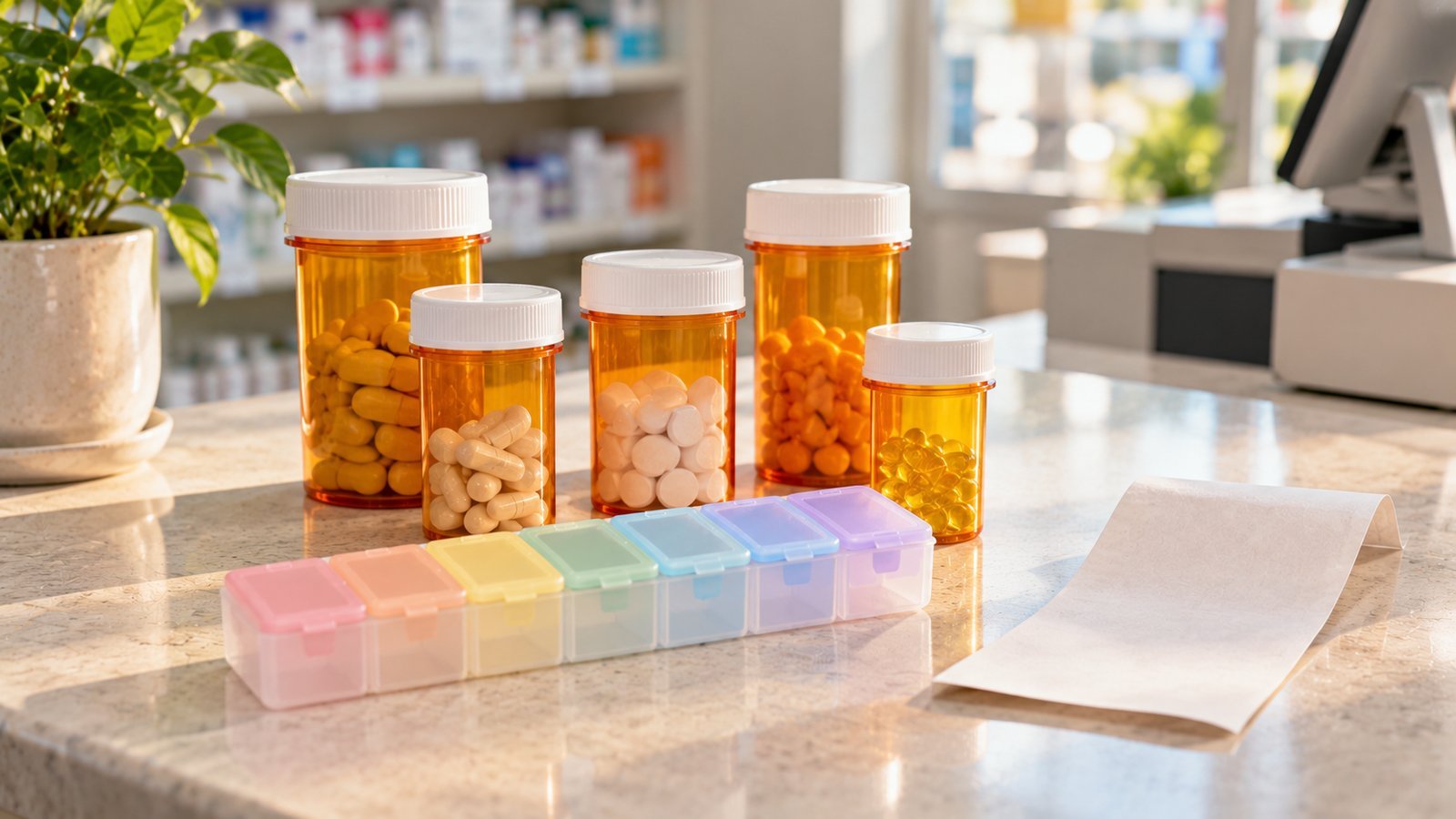 Unlabeled prescription bottles, a pill organizer and a receipt on a pharmacy counter