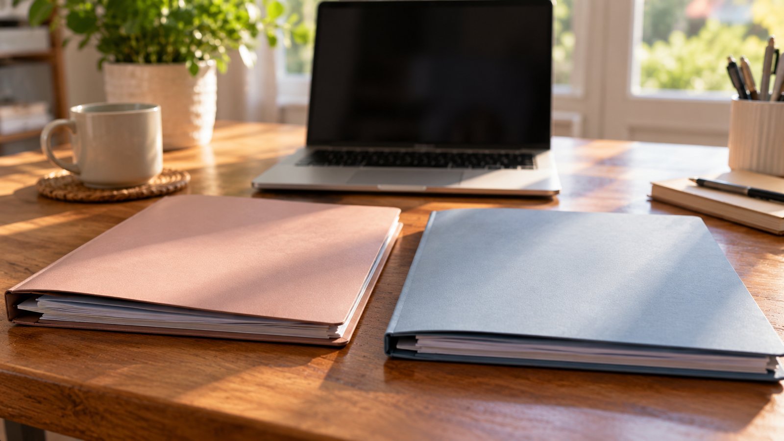 Two folders and a laptop on a desk, representing comparing options - Private Flood Insurance