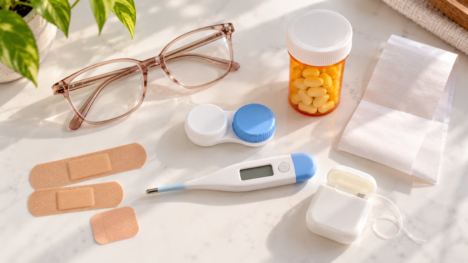 Eyeglasses, bandages, thermometer, contact lens case and prescription bottle with a receipt