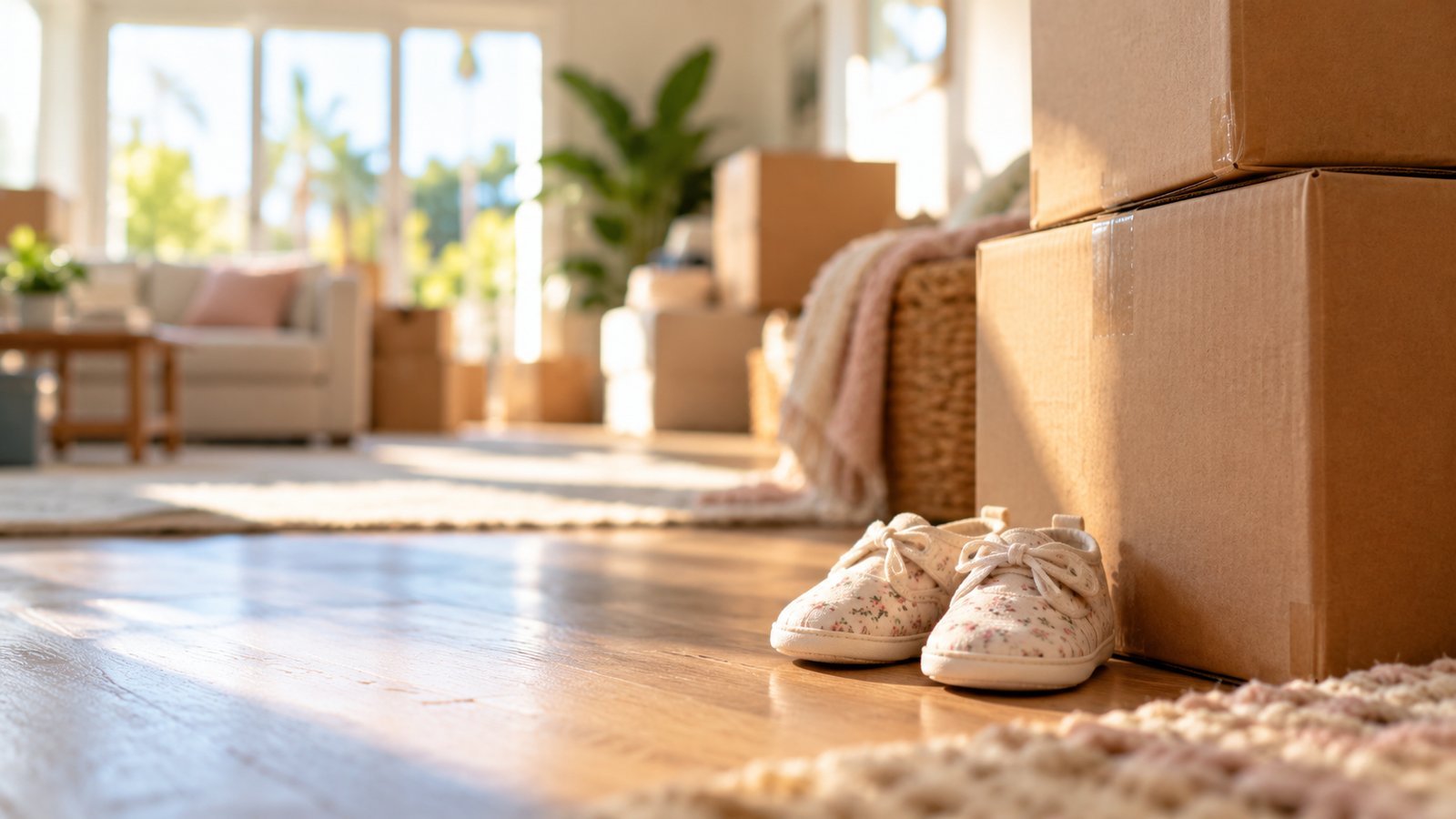 A pair of tiny baby shoes beside a stacked moving box in a bright living room, suggesting life changes - Special Enrollment Periods and Qualifying Life Events