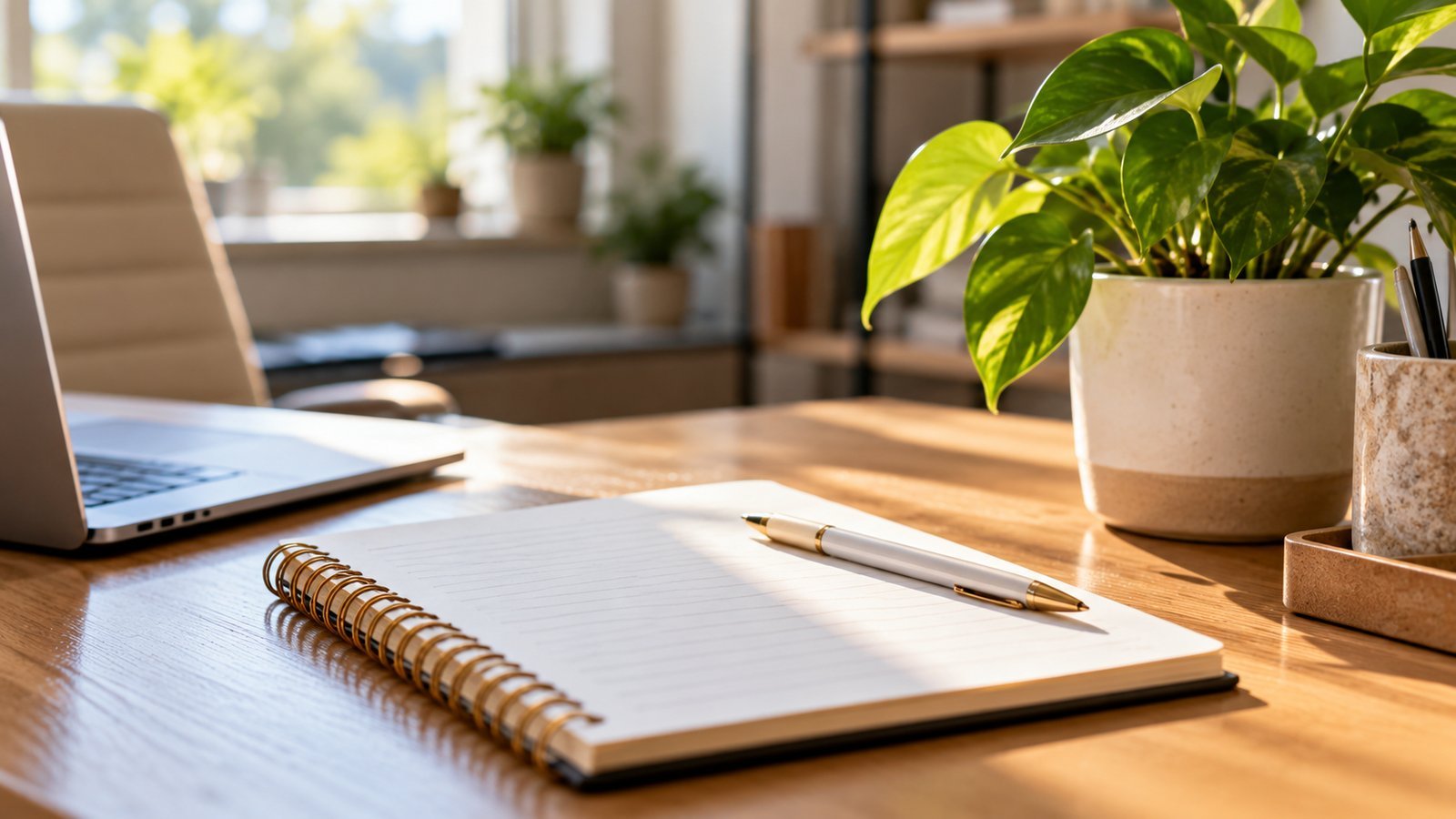 A notepad, pen and a desk plant in an office, no people - Questions to Ask an Agent