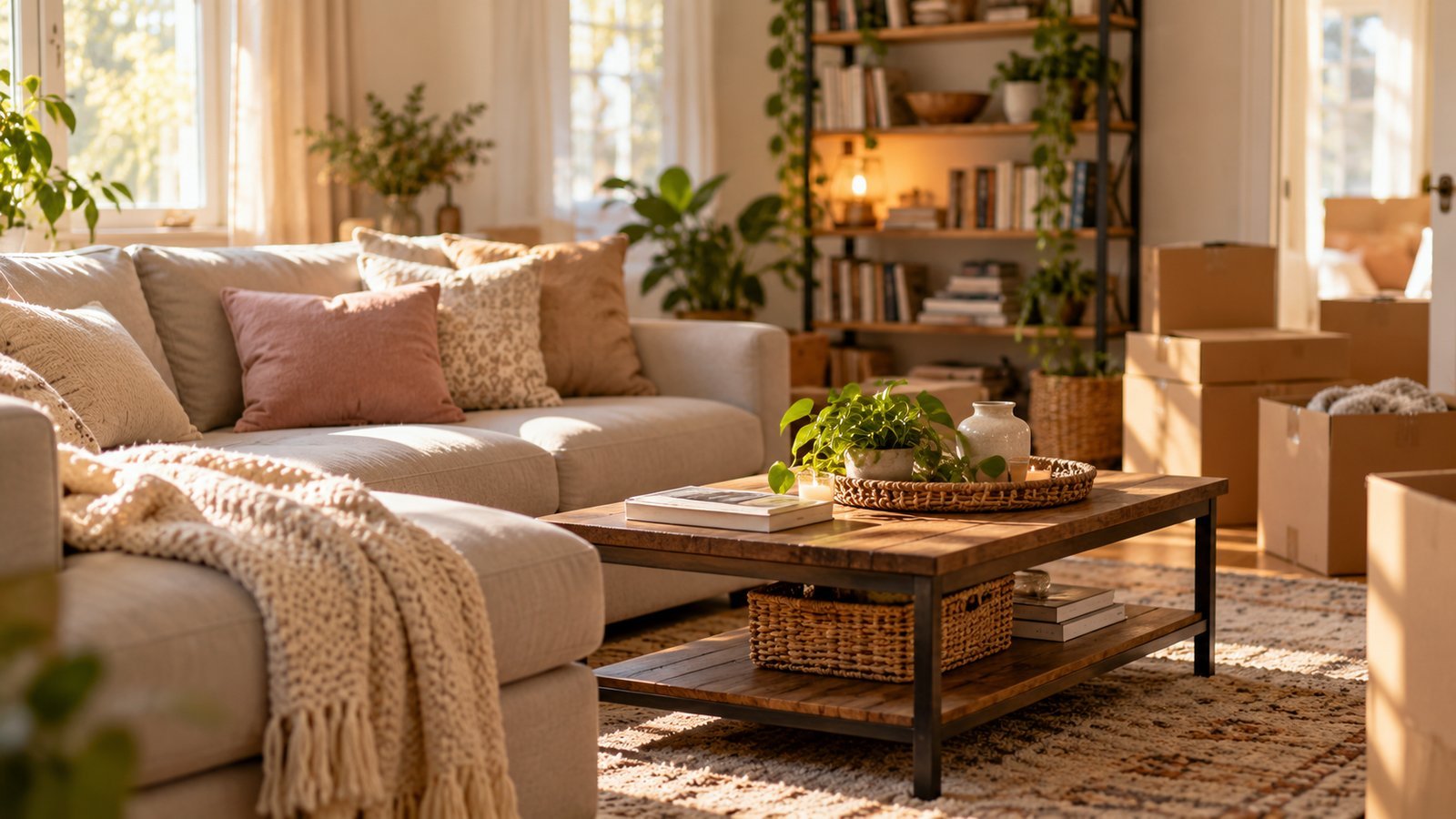A cozy apartment living room with a sofa, a bookshelf and a few boxes, no people - What Renters Insurance Usually Covers, and What It Leaves Out