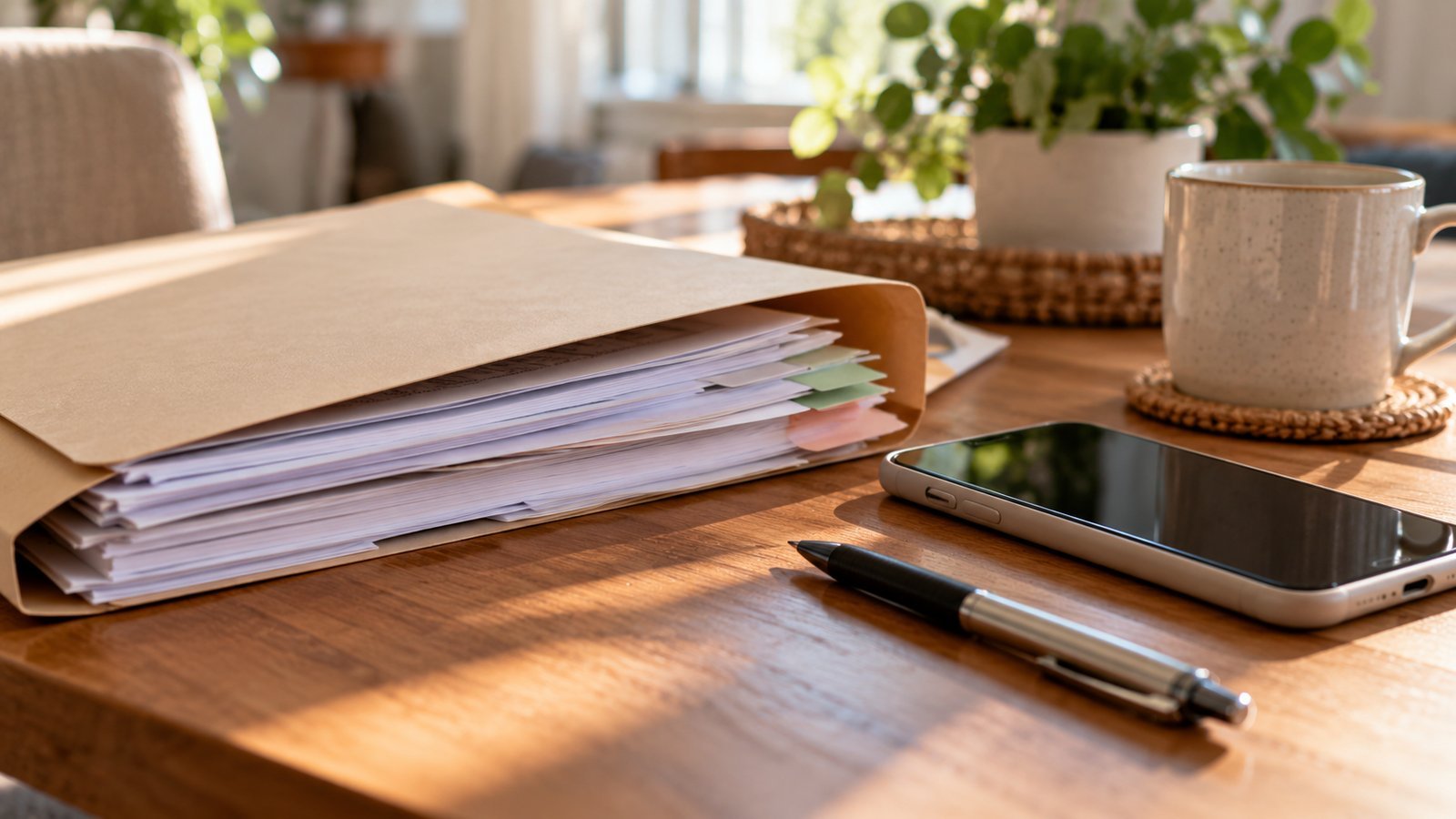 A folder of claim paperwork, a phone and a pen on a table - Filing a Claim in General Terms
