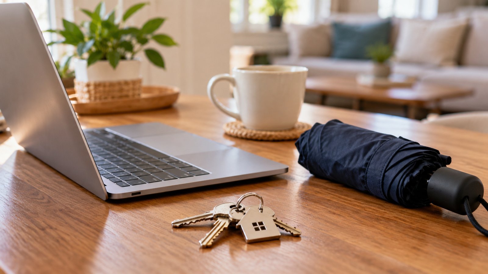Apartment keys, a laptop and a small umbrella arranged on a table, representing belongings, living costs and liability - The Three Core Parts of a Renters Policy