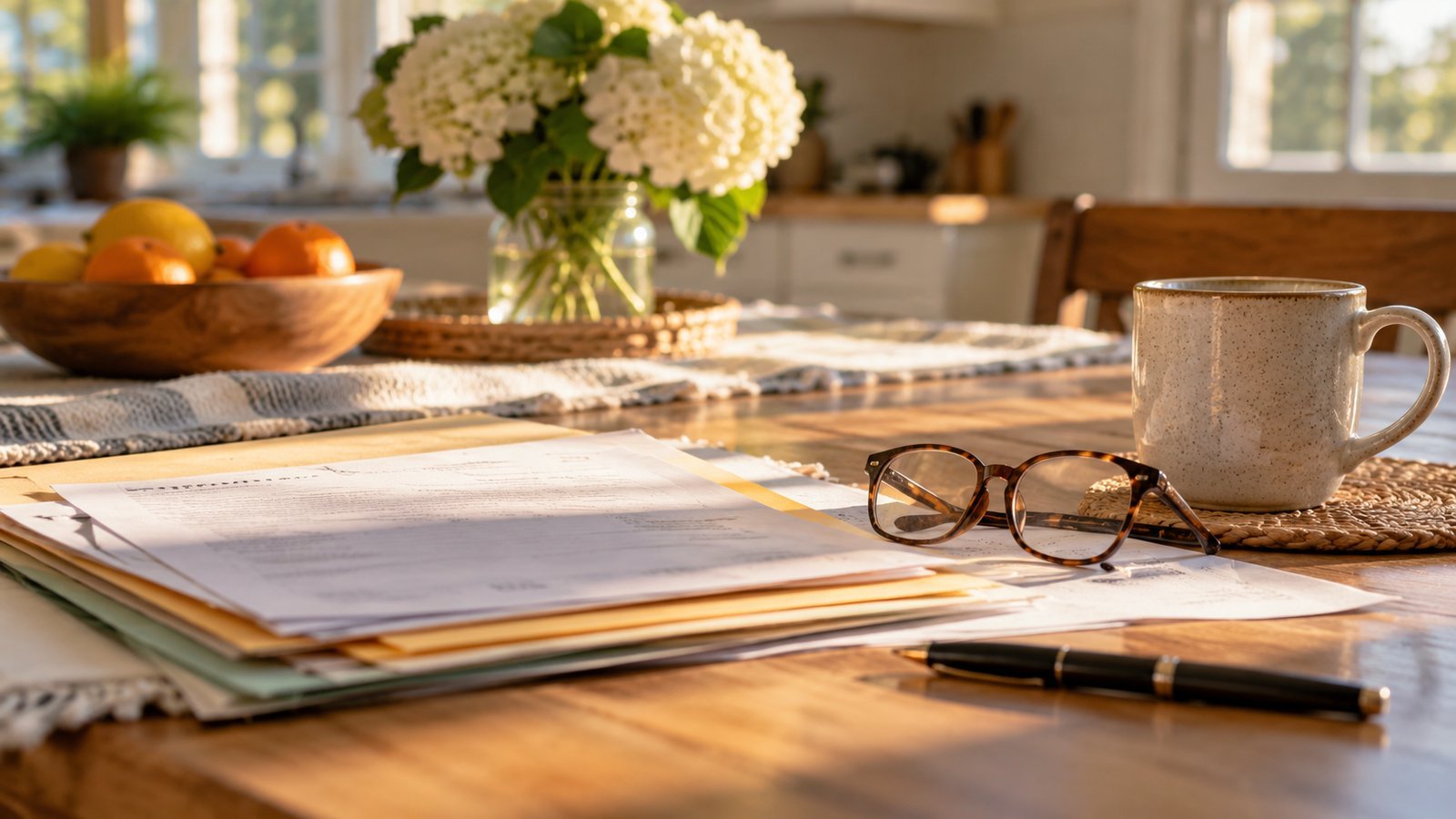 Renewal paperwork, reading glasses and a mug on a kitchen table in morning light - Reviewing Your Plan Before Renewal Kicks In