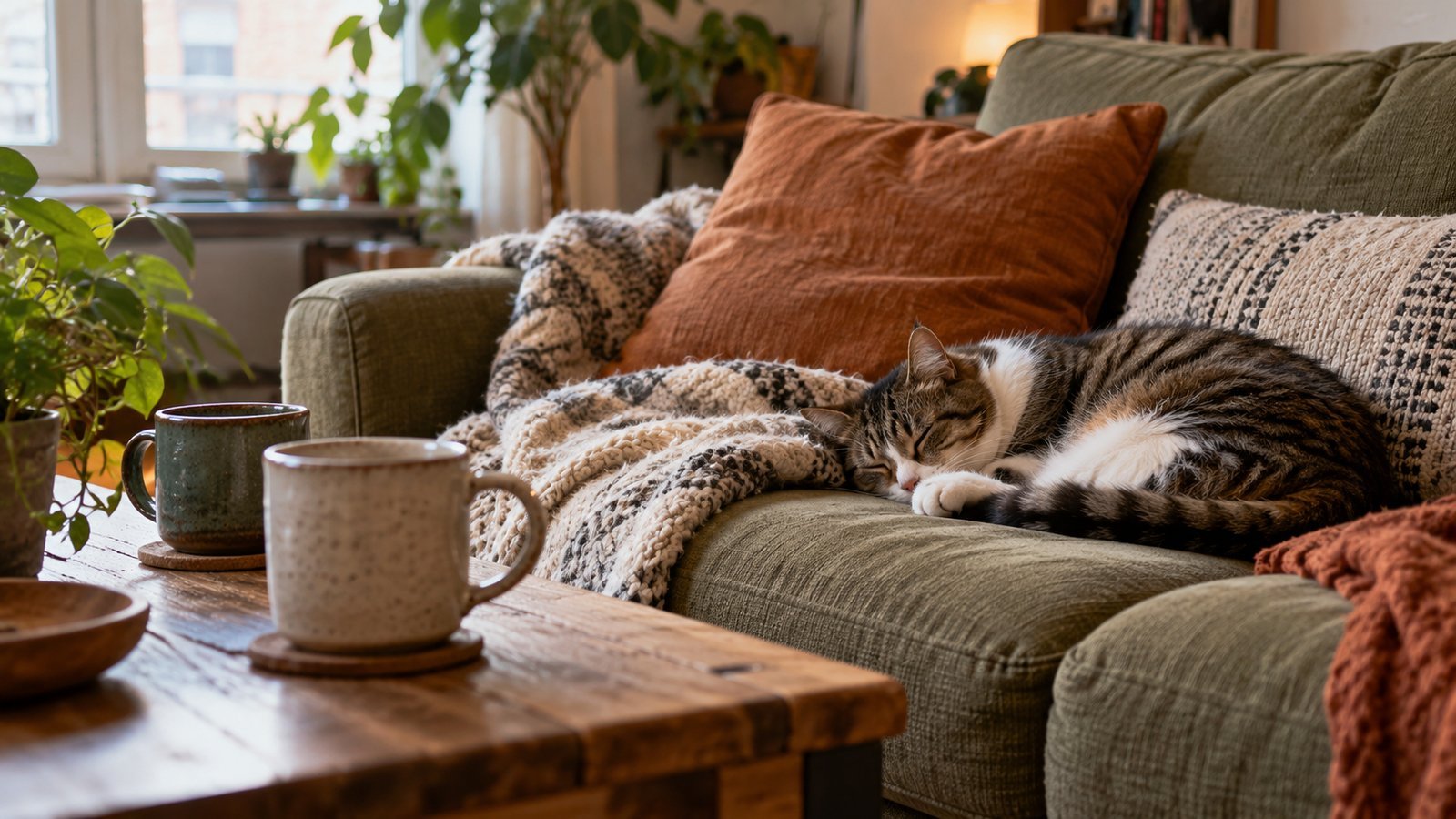 A shared apartment couch with two mugs and a sleeping cat, no people - Roommates, Pets and Guests