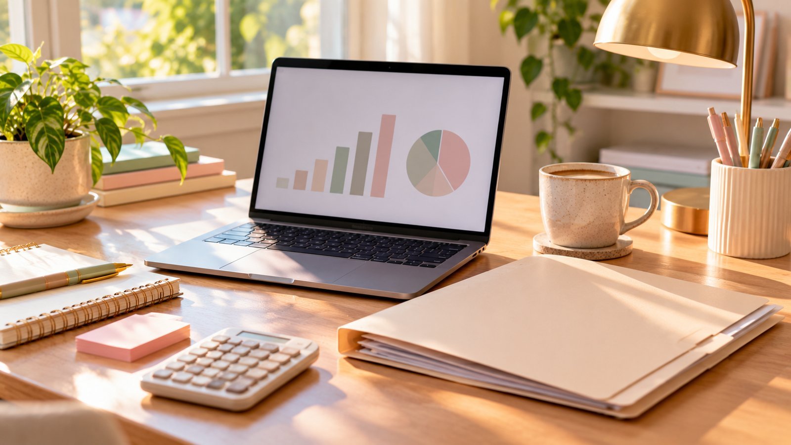 Freelancer home office with a laptop budget chart and an invoice folder