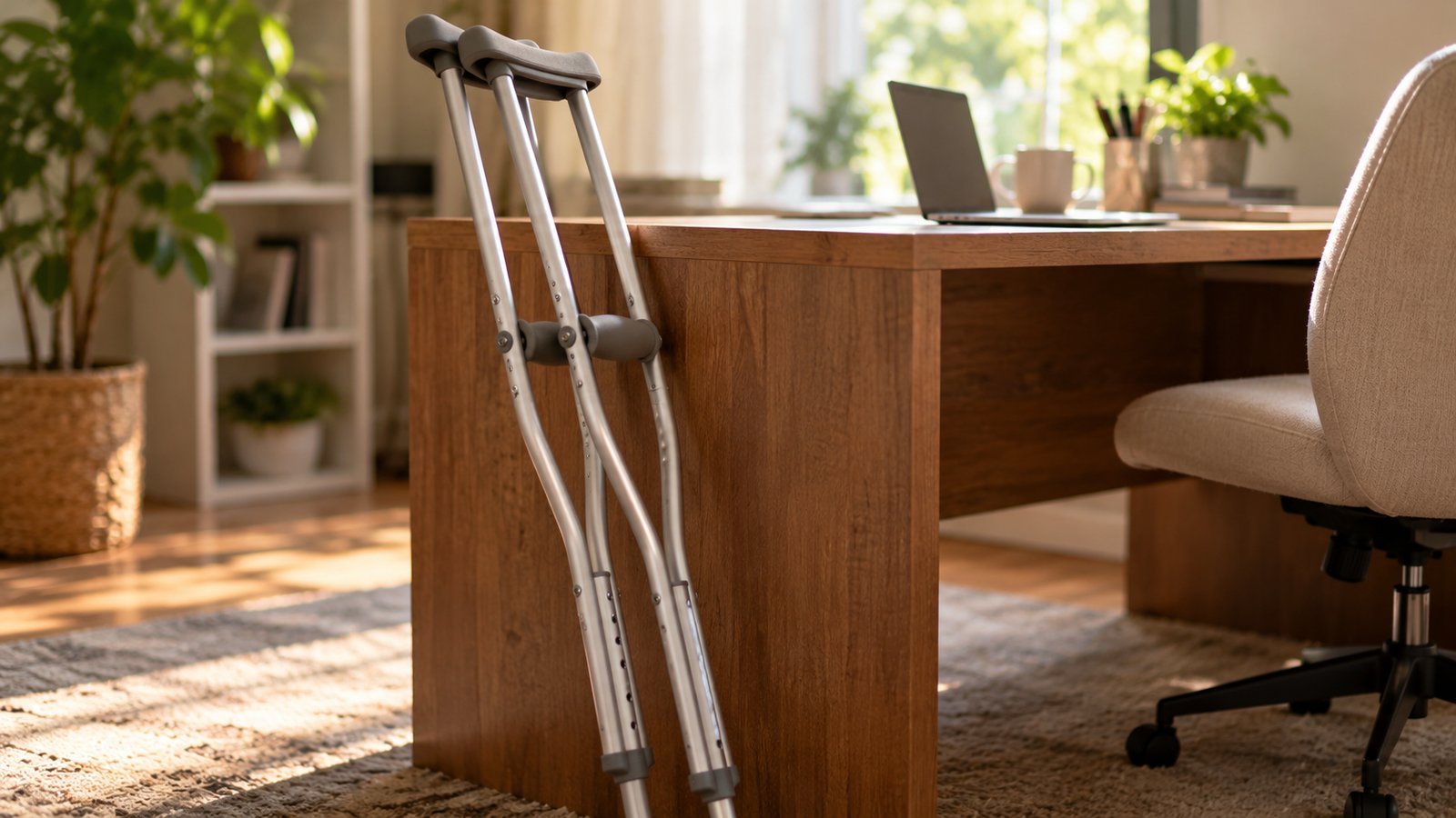 A pair of crutches leaning against an office desk - Short-Term Disability