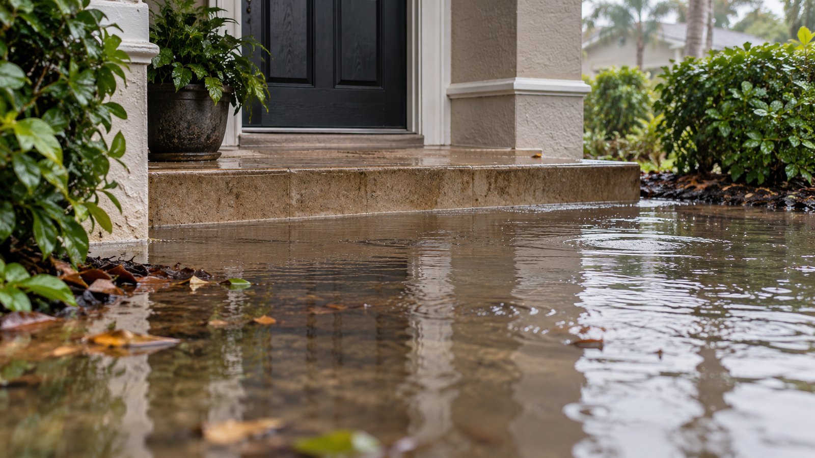 Water pooled at the base of a front door and steps, calm overcast day - Why Standard Policies Exclude Flood
