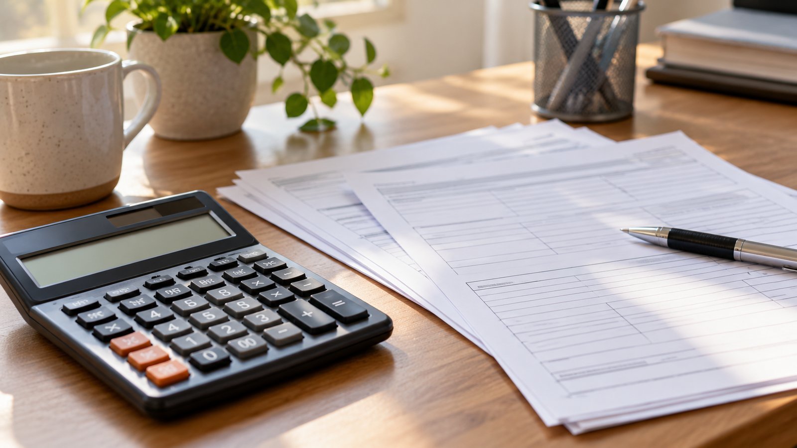A calculator and blank tax-style forms on a desk - Taxes on Disability Benefits