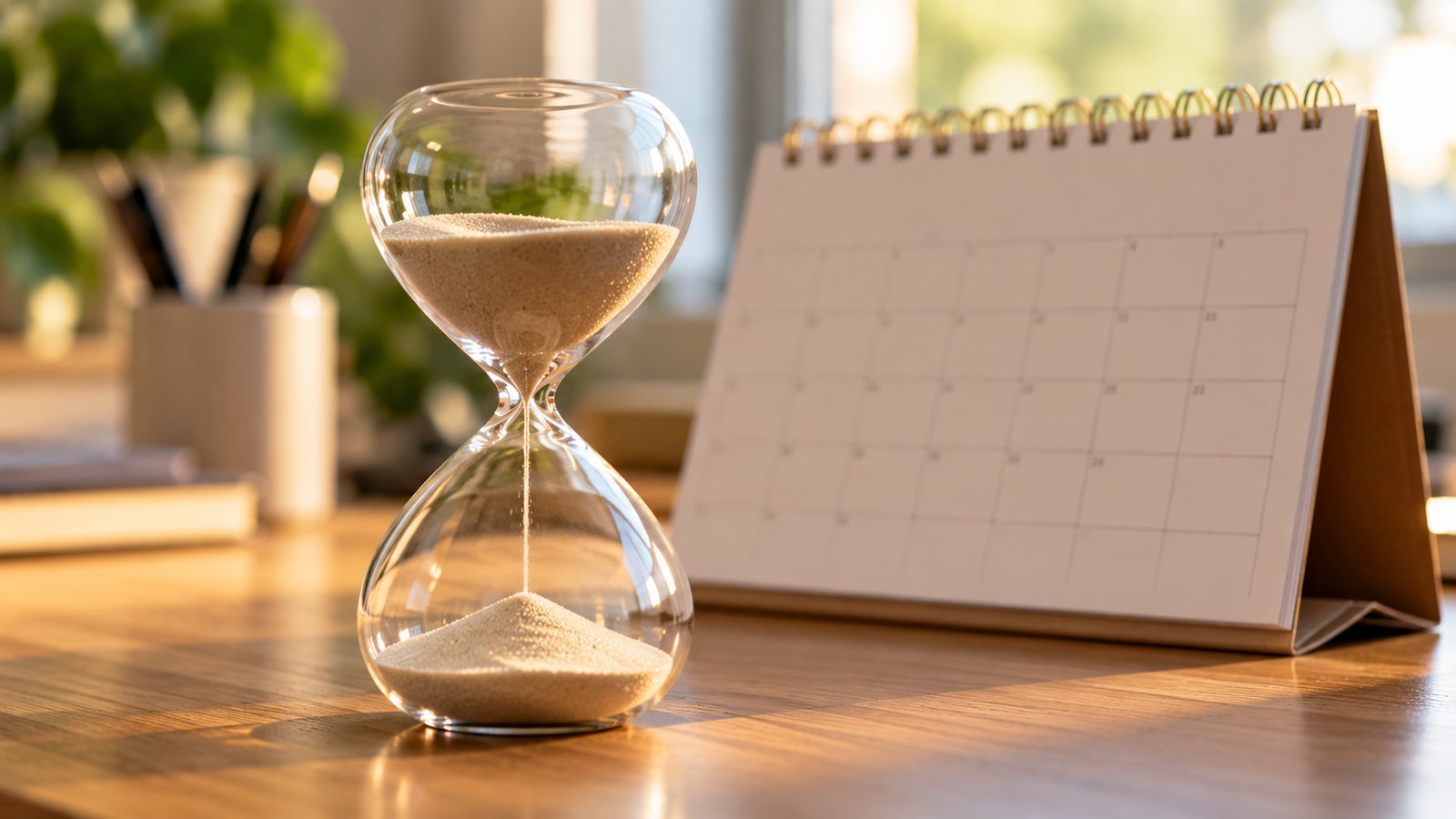 A sand hourglass in front of a desk calendar, representing a set term - Term Life Insurance Explained
