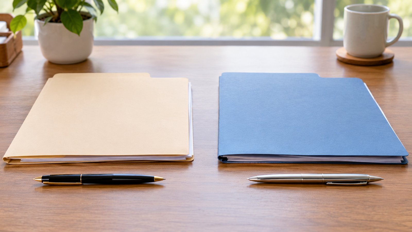 Two folders and two pens placed side by side on a desk, representing a comparison - Side-by-Side Comparison