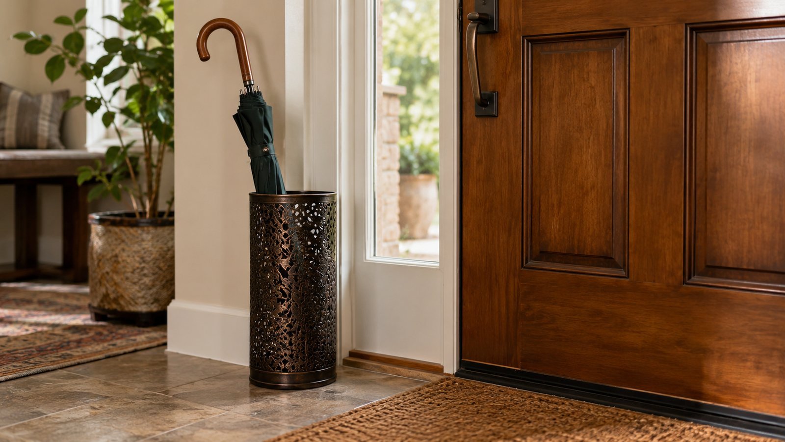 An umbrella stand with a closed umbrella by a front door - Frequently Asked Questions