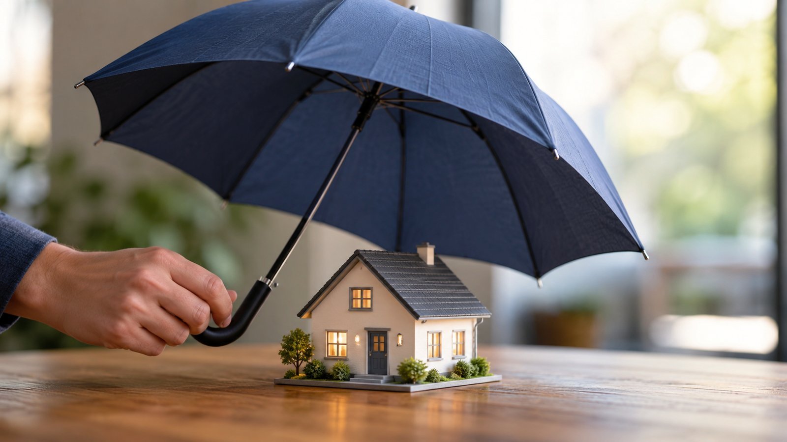 An open umbrella held over a small model house on a wooden table - Umbrella Insurance Basics: How Extra Liability Coverage Works
