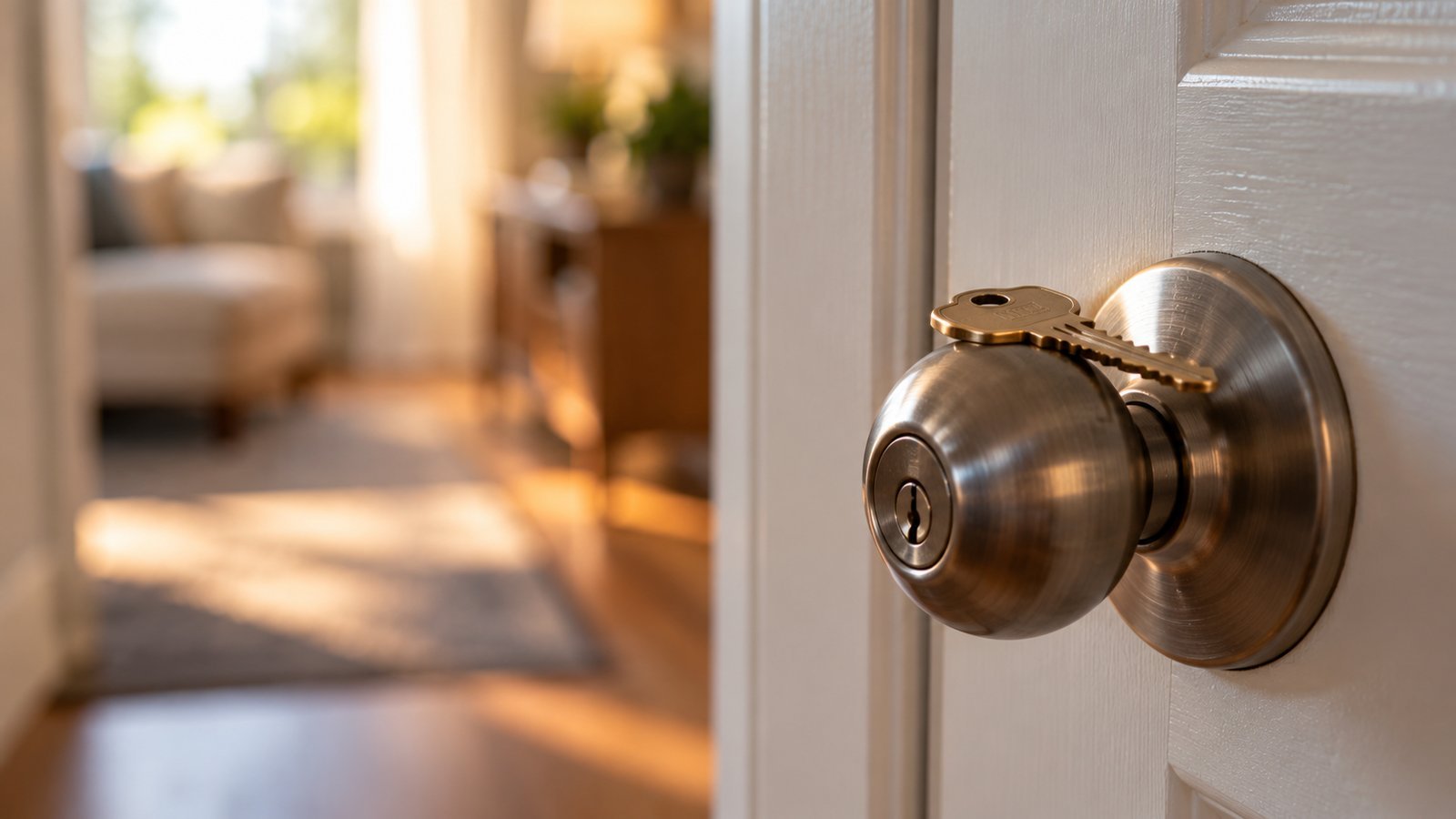 A closed door with a key resting on the knob, soft focus - Typical Exclusions