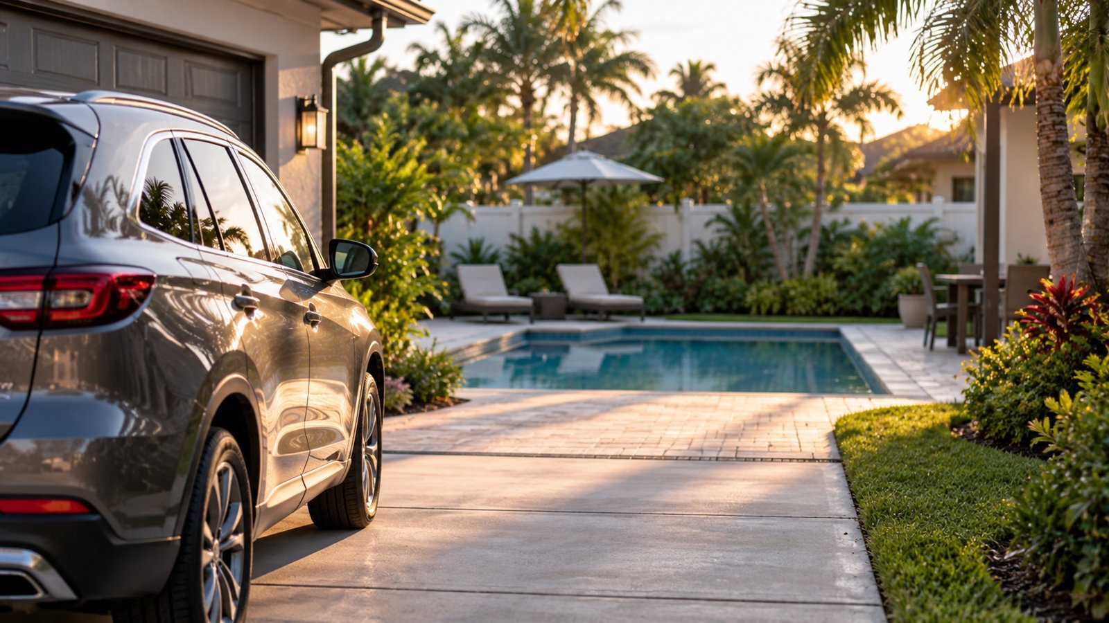 A suburban driveway with a car and a backyard pool in view, no people - Typical Coverage