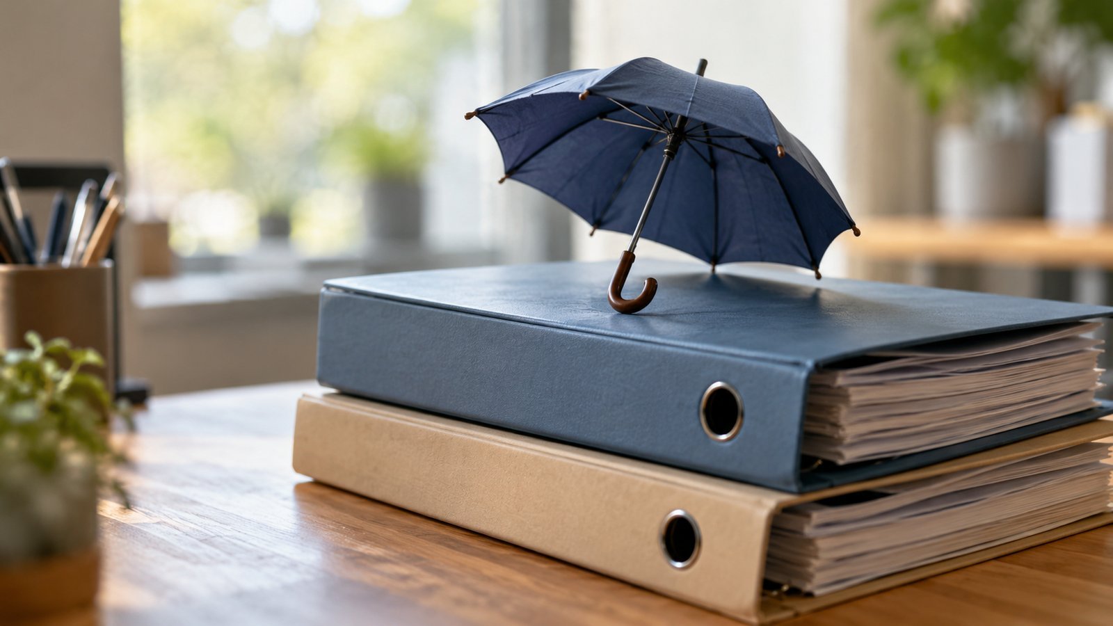 Two folders stacked with a small umbrella on top on a desk - Underlying Requirements: How Umbrellas Attach