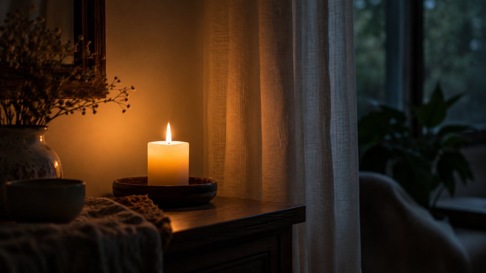A candle burning near a curtain edge in a dim room, safe distance, subtle moody tone - Common Exclusions to Know About