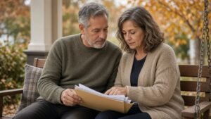 Couple in their late fifties reviewing their options as their term life policy nears its end