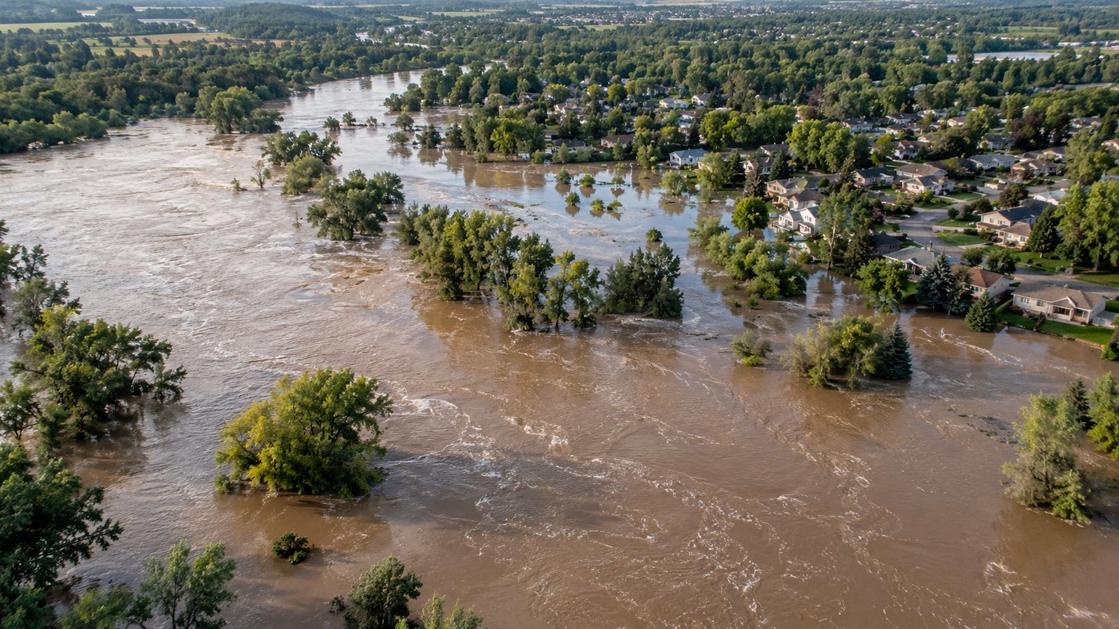Aerial view of a river overflowing near a neighborhood - Defining a Flood