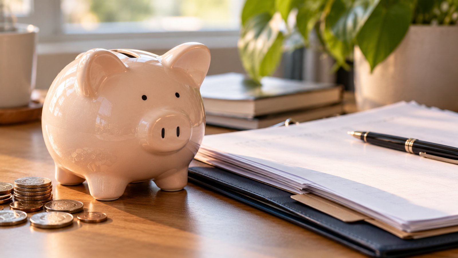 A ceramic piggy bank beside policy-style papers on a desk - Whole Life Insurance Explained