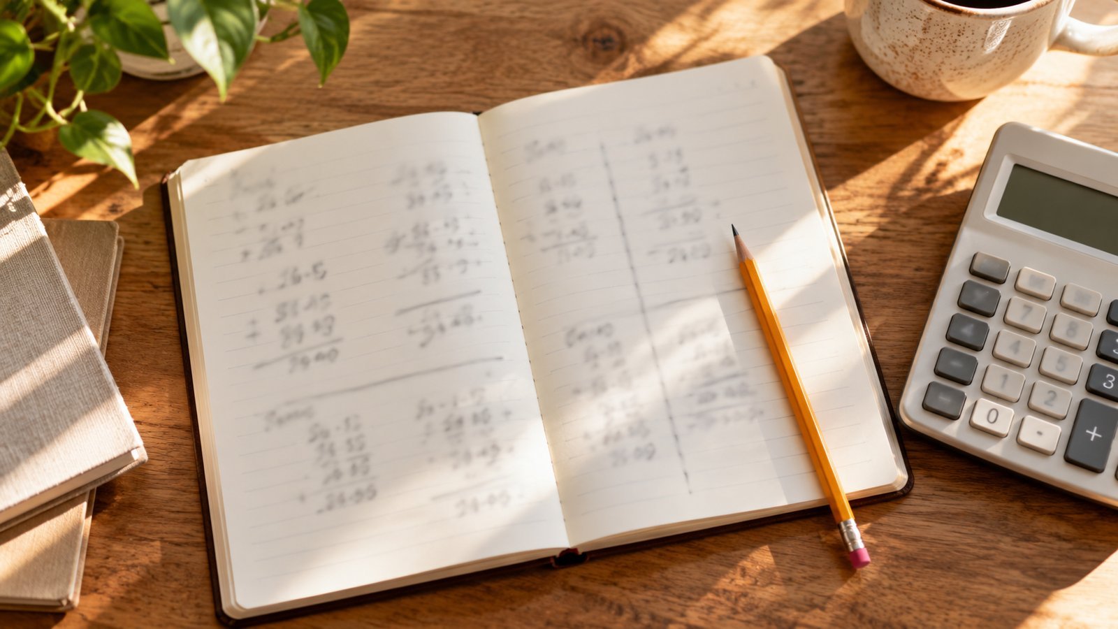 An open blank notebook with handwritten-looking sums replaced by blurred scribbles, calculator and pencil, overhead view - A Worked Example With Round Numbers